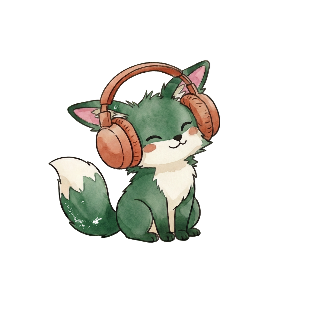lauschi, ein kleiner grüner Fuchs mit Kopfhörern